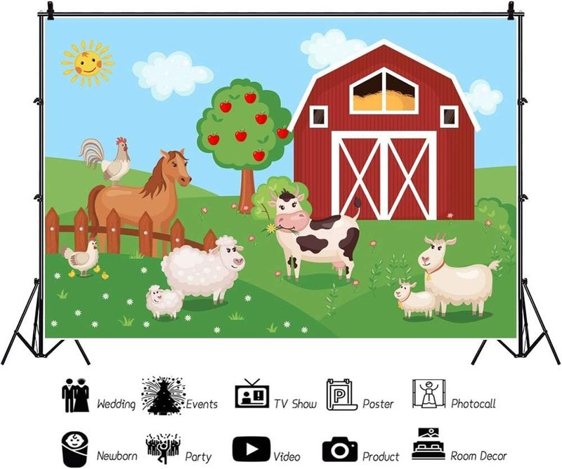 Renaiss 5x3ft Farm Animals Backdrop Cartoon Red Barn Door Barnyard Farmland Cow Farm House Photography Background for Baby Shower Newborn Kids Birthday Party Decor Studio Booth Props - Image 3